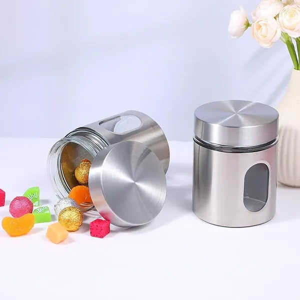 400ML_Stainless_Steel_Canister_Glass_Jar_With_Lid,Premium_Pantry_Organizers_Containers_&_Perfect_Kitchen_Storage_For_Canning_Cereal,Pasta_&_Beans_Containers_Set_Of_2