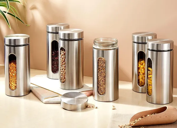 Modern_800ML_Steel_Cover_Window_Clear_Glass_Jars_Set_Stainless_Steel_Containers_with_Lids_for_Storage_Coffee,Tea,Candy,Flour,Spices,Home_&_Kitchen_Decoration_(VM-11,_SET_OF_6)