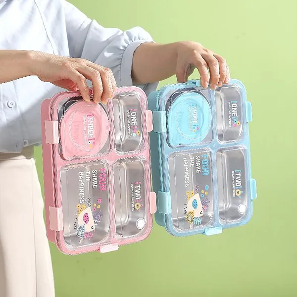 FreshMate_Bento_Stainless_Steel_Lunch_Box_4_Compartment_|_Pink_|_850ml_+_150ml_Bowl_|_Leakproof_with_Lid
