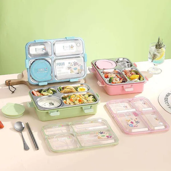 FreshMate_Bento_Stainless_Steel_Lunch_Box_4_Compartment_|_Pink_|_850ml_+_150ml_Bowl_|_Leakproof_with_Lid
