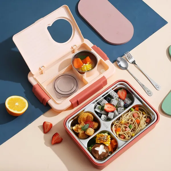 LunchMate_Max_1000ML_Leakproof_Kids_Lunch_Box_Pink_|_4_Grid_Stainless_Steel_304_Bento_with_Soup_Bowl_|_School_&_Travel