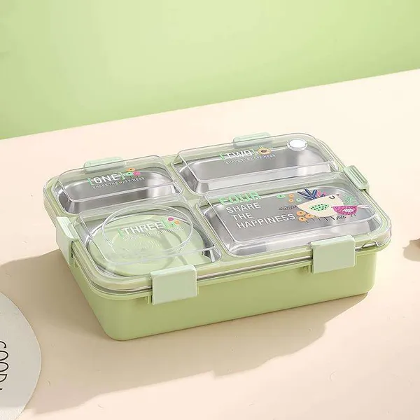 FreshMate_Bento_Stainless_Steel_Lunch_Box_4_Compartment_|_Green_|_850ml_+_150ml_Bowl_|_Leakproof_with_Lid