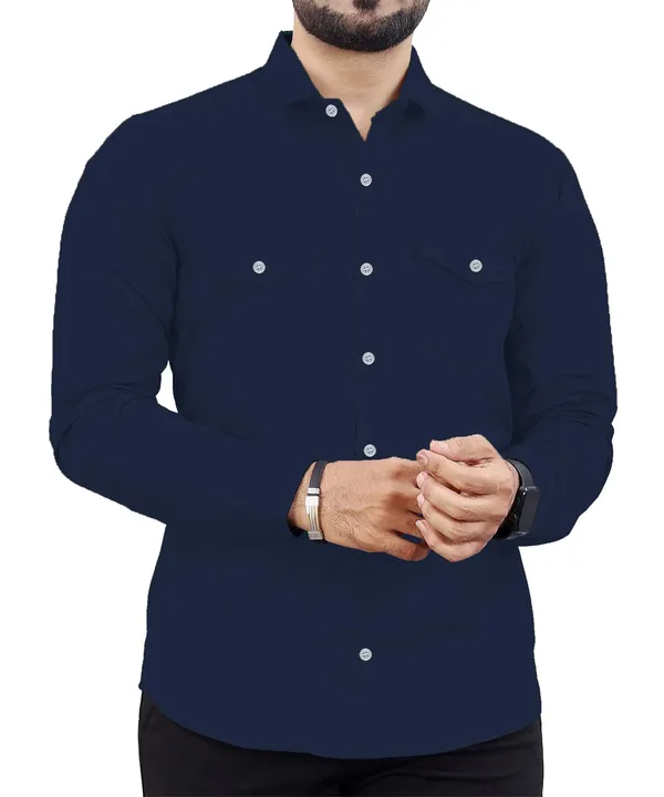 Rebelify_Men's_Cotton_Blend_Blue_Regular_Relaxed_Fit_Dual_Pocket_and_Button_Down_Long_Sleeve_Collared_Neck_XL_Size_Shirt._(2_Pocket_Blue_Shirt_(XL))