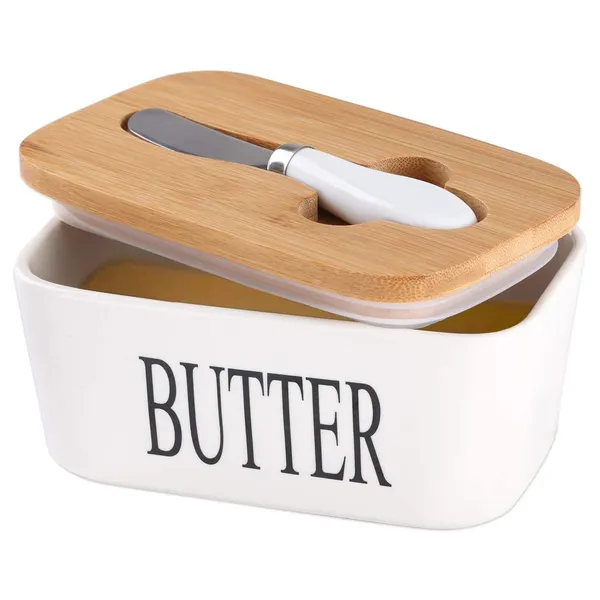 _Ceramic_Butter_Dish_With_Wooden_Lid,_Large_Butter_Container_Keeper_Storage_Plate_With_Steal_Butter_Knife,_Bamboo_Cover_And_Silicone_Sealing_Ring_(White)