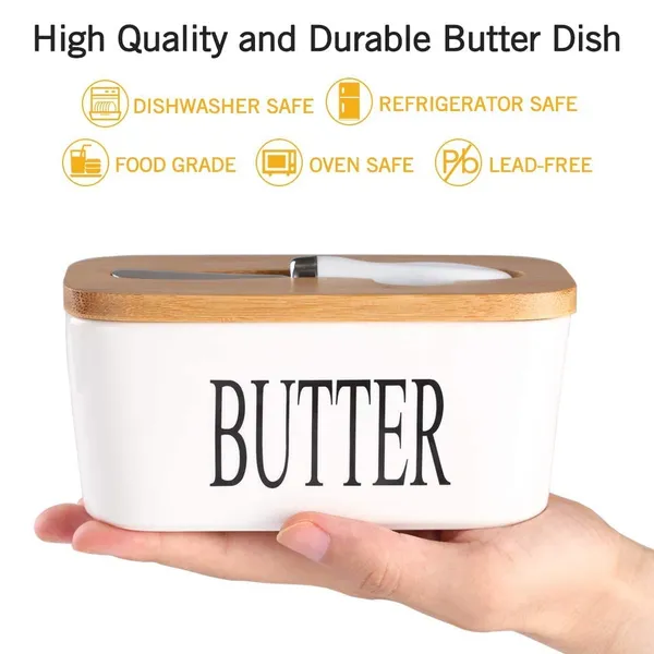 _Ceramic_Butter_Dish_With_Wooden_Lid,_Large_Butter_Container_Keeper_Storage_Plate_With_Steal_Butter_Knife,_Bamboo_Cover_And_Silicone_Sealing_Ring_(White)