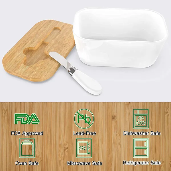 _Ceramic_Butter_Dish_With_Wooden_Lid,_Large_Butter_Container_Keeper_Storage_Plate_With_Steal_Butter_Knife,_Bamboo_Cover_And_Silicone_Sealing_Ring_(White)