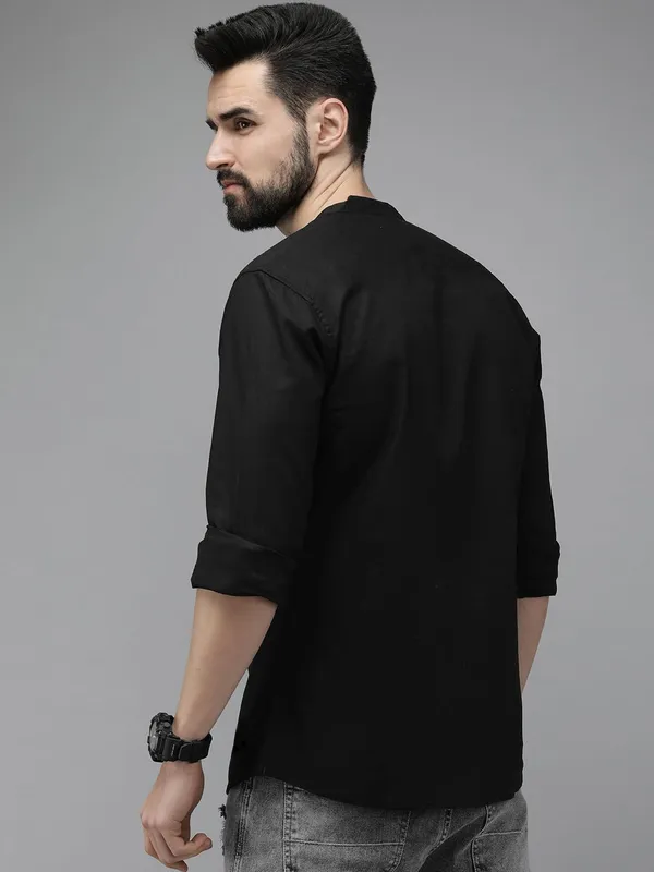 Rebelify_Men's_Black_Cotton_Blend_Long_Sleeve_Chinese_Collared_Mandarian_Neck_Relaxed_Fit_Button_Down_Double_Pocket_XL_Size_Shirt._(Chinese_Collar_Full_Sleeve_Black_(XL))