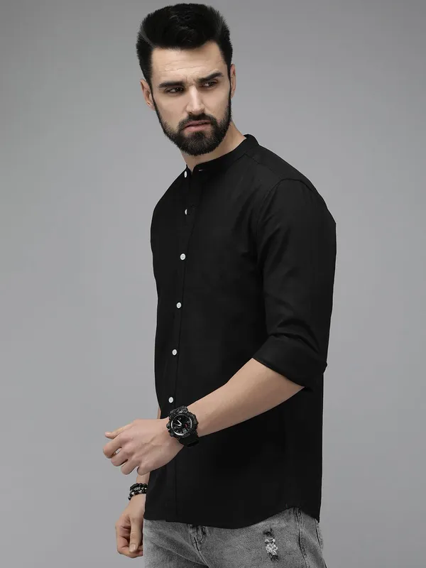 Rebelify_Men's_Black_Cotton_Blend_Long_Sleeve_Chinese_Collared_Mandarian_Neck_Relaxed_Fit_Button_Down_Double_Pocket_XL_Size_Shirt._(Chinese_Collar_Full_Sleeve_Black_(XL))