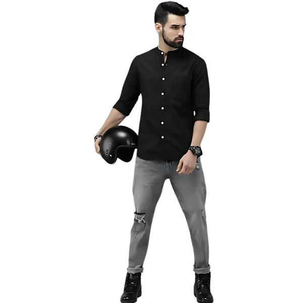 Rebelify_Men's_Black_Cotton_Blend_Long_Sleeve_Chinese_Collared_Mandarian_Neck_Relaxed_Fit_Button_Down_Double_Pocket_XL_Size_Shirt._(Chinese_Collar_Full_Sleeve_Black_(XL))