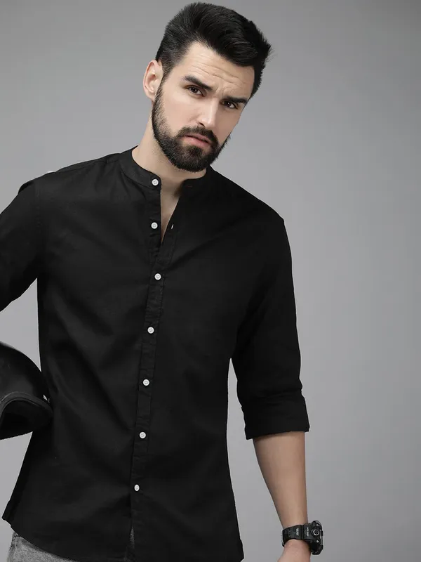 Rebelify_Men's_Black_Cotton_Blend_Long_Sleeve_Chinese_Collared_Mandarian_Neck_Relaxed_Fit_Button_Down_Double_Pocket_XL_Size_Shirt._(Chinese_Collar_Full_Sleeve_Black_(XL))