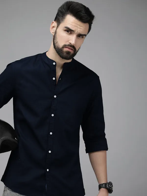 Rebelify_Men's_Blue_Cotton_Blend_Long_Sleeve_Chinese_Collared_Mandarian_Neck_Relaxed_Fit_Button_Down_Double_Pocket_XL_Size_Shirt._(Chinese_Collar_Full_Sleeve_Blue_(XL))