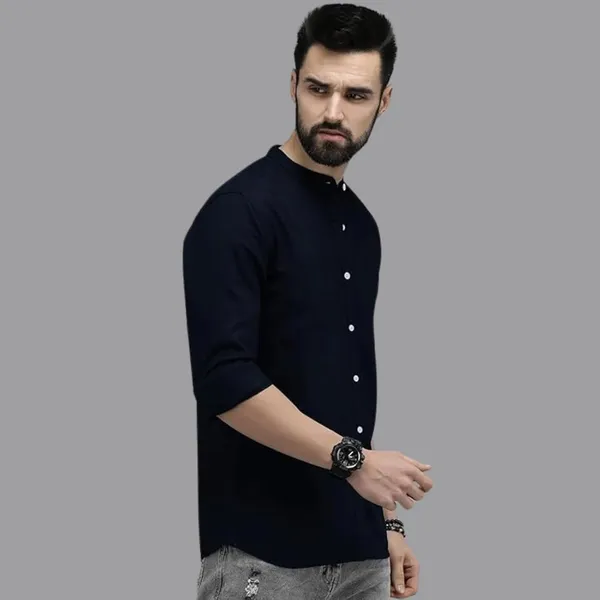 Rebelify_Men's_Blue_Cotton_Blend_Long_Sleeve_Chinese_Collared_Mandarian_Neck_Relaxed_Fit_Button_Down_Double_Pocket_XL_Size_Shirt._(Chinese_Collar_Full_Sleeve_Blue_(XL))
