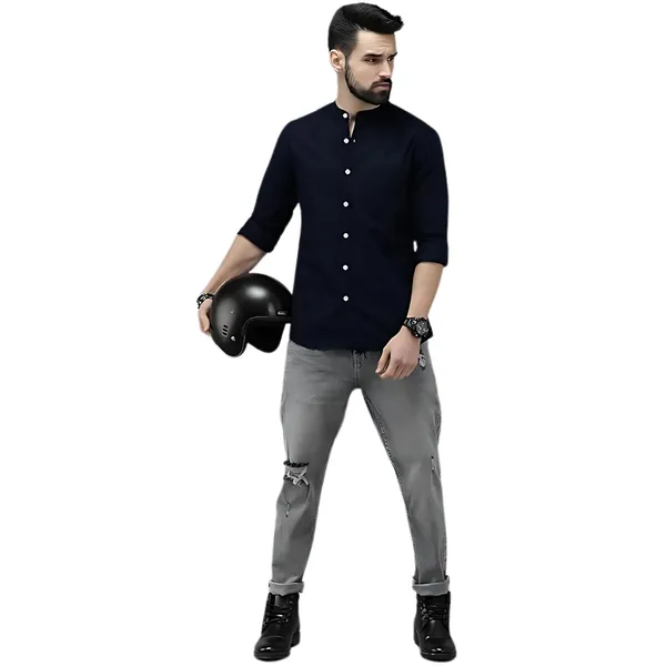 Rebelify_Men's_Blue_Cotton_Blend_Long_Sleeve_Chinese_Collared_Mandarian_Neck_Relaxed_Fit_Button_Down_Double_Pocket_XL_Size_Shirt._(Chinese_Collar_Full_Sleeve_Blue_(XL))