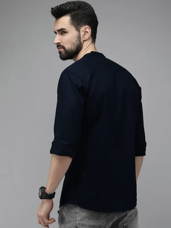Rebelify_Men's_Blue_Cotton_Blend_Long_Sleeve_Chinese_Collared_Mandarian_Neck_Relaxed_Fit_Button_Down_Double_Pocket_XL_Size_Shirt._(Chinese_Collar_Full_Sleeve_Blue_(XL))