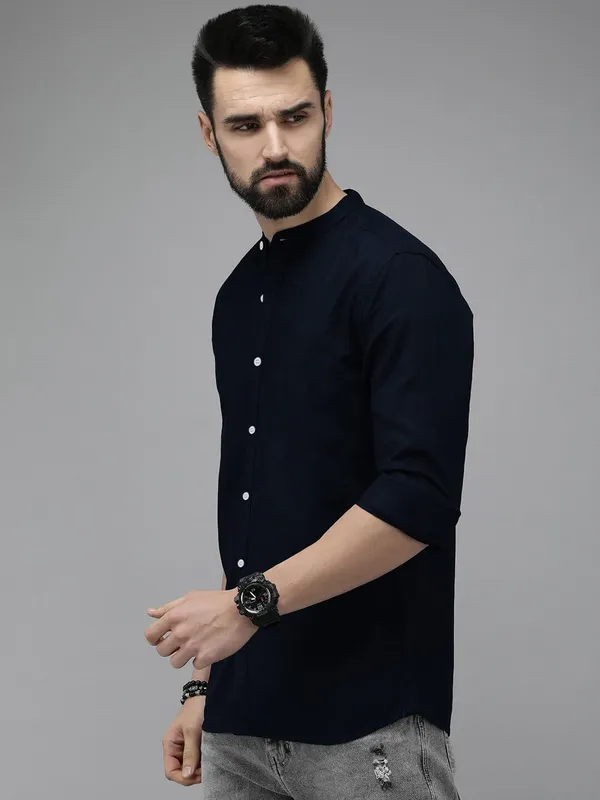 Rebelify_Men's_Blue_Cotton_Blend_Long_Sleeve_Chinese_Collared_Mandarian_Neck_Relaxed_Fit_Button_Down_Double_Pocket_XL_Size_Shirt._(Chinese_Collar_Full_Sleeve_Blue_(XL))