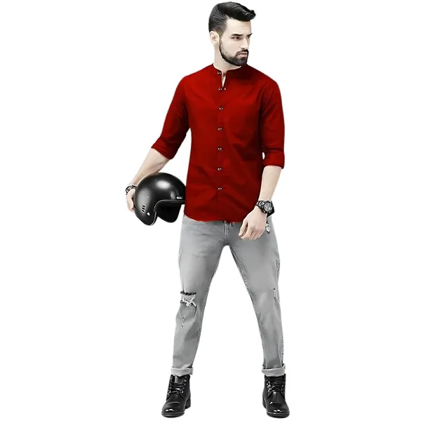 Rebelify_Men's_Red_Cotton_Blend_Long_Sleeve_Chinese_Collared_Mandarian_Neck_Relaxed_Fit_Button_Down_Double_Pocket_XL_Size_Shirt._(Chinese_Collar_Full_Sleeve_Red_(XL))