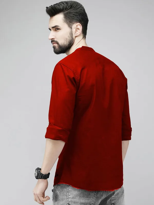 Rebelify_Men's_Red_Cotton_Blend_Long_Sleeve_Chinese_Collared_Mandarian_Neck_Relaxed_Fit_Button_Down_Double_Pocket_S_Size_Shirt._(Chinese_Collar_Full_Sleeve_Red_Shirt_(S))