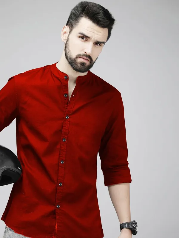 Rebelify_Men's_Red_Cotton_Blend_Long_Sleeve_Chinese_Collared_Mandarian_Neck_Relaxed_Fit_Button_Down_Double_Pocket_S_Size_Shirt._(Chinese_Collar_Full_Sleeve_Red_Shirt_(S))