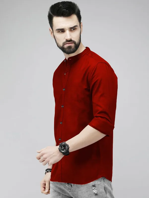 Rebelify_Men's_Red_Cotton_Blend_Long_Sleeve_Chinese_Collared_Mandarian_Neck_Relaxed_Fit_Button_Down_Double_Pocket_S_Size_Shirt._(Chinese_Collar_Full_Sleeve_Red_Shirt_(S))