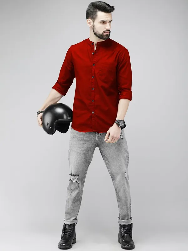 Rebelify_Men's_Red_Cotton_Blend_Long_Sleeve_Chinese_Collared_Mandarian_Neck_Relaxed_Fit_Button_Down_Double_Pocket_S_Size_Shirt._(Chinese_Collar_Full_Sleeve_Red_Shirt_(S))