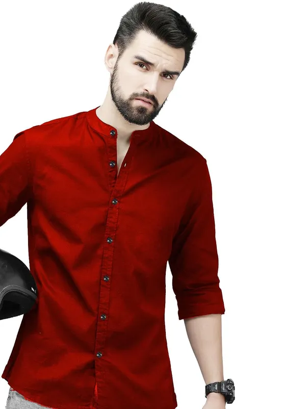 Rebelify_Men's_Red_Cotton_Blend_Long_Sleeve_Chinese_Collared_Mandarian_Neck_Relaxed_Fit_Button_Down_Double_Pocket_S_Size_Shirt._(Chinese_Collar_Full_Sleeve_Red_Shirt_(S))