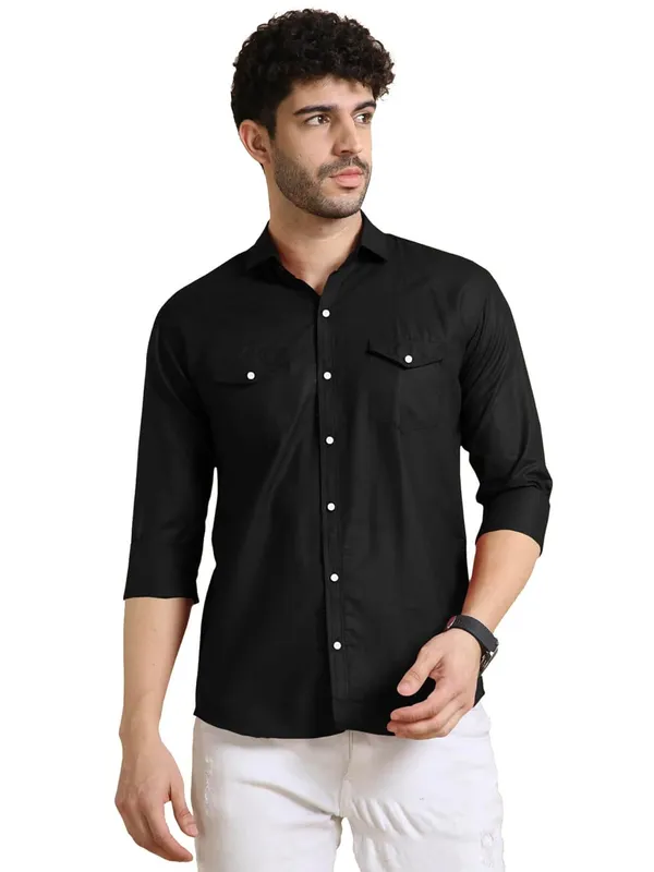 Rebelify_Men's_Classic_Double_Pocket_Shirt_|_Stylish_&_Versatile_Shirt_|_Soft_Cotton_Blend_|_Perfect_for_Casual_&_Formal_Occasions_Black
