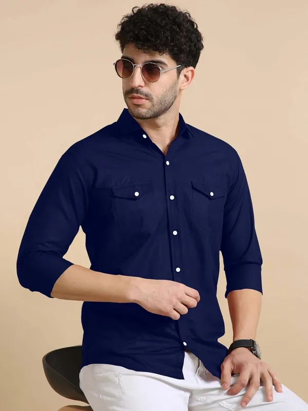 Rebelify_Men's_Classic_Double_Pocket_Shirt_|_Stylish_&_Versatile_Shirt_|_Soft_Cotton_Blend_|_Perfect_for_Casual_&_Formal_Occasions_Blue