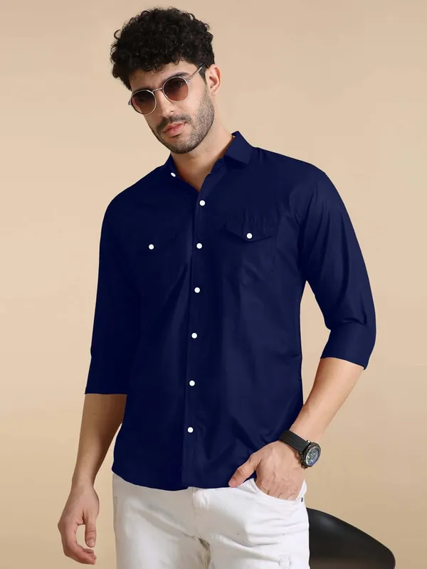 Rebelify_Men's_Classic_Double_Pocket_Shirt_|_Stylish_&_Versatile_Shirt_|_Soft_Cotton_Blend_|_Perfect_for_Casual_&_Formal_Occasions_Blue
