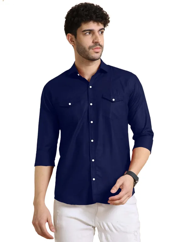 Rebelify_Men's_Classic_Double_Pocket_Shirt_|_Stylish_&_Versatile_Shirt_|_Soft_Cotton_Blend_|_Perfect_for_Casual_&_Formal_Occasions_Blue