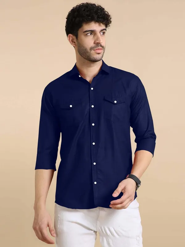Rebelify_Men's_Classic_Double_Pocket_Shirt_|_Stylish_&_Versatile_Shirt_|_Soft_Cotton_Blend_|_Perfect_for_Casual_&_Formal_Occasions_Blue