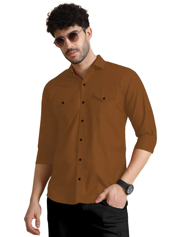 Rebelify_Men's_Classic_Double_Pocket_Shirt_|_Stylish_&_Versatile_Shirt_|_Soft_Cotton_Blend_|_Perfect_for_Casual_&_Formal_Occasions_Brown