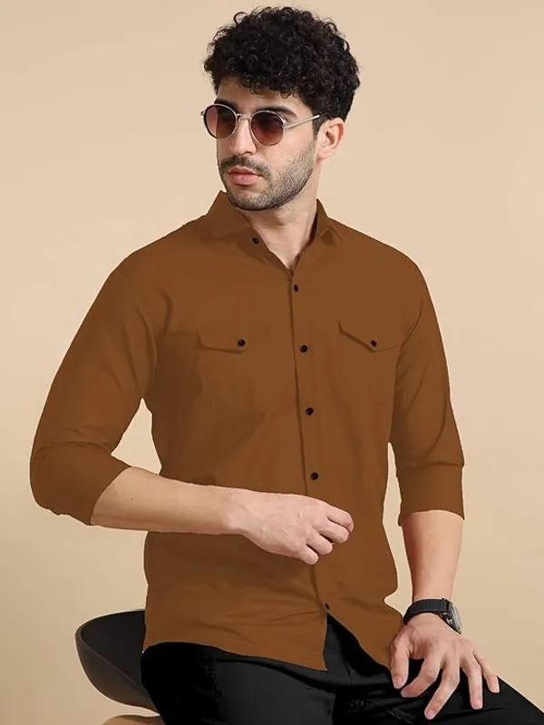 Rebelify_Men's_Classic_Double_Pocket_Shirt_|_Stylish_&_Versatile_Shirt_|_Soft_Cotton_Blend_|_Perfect_for_Casual_&_Formal_Occasions_Brown