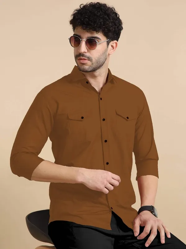 Rebelify_Men's_Classic_Double_Pocket_Shirt_|_Stylish_&_Versatile_Shirt_|_Soft_Cotton_Blend_|_Perfect_for_Casual_&_Formal_Occasions_Brown