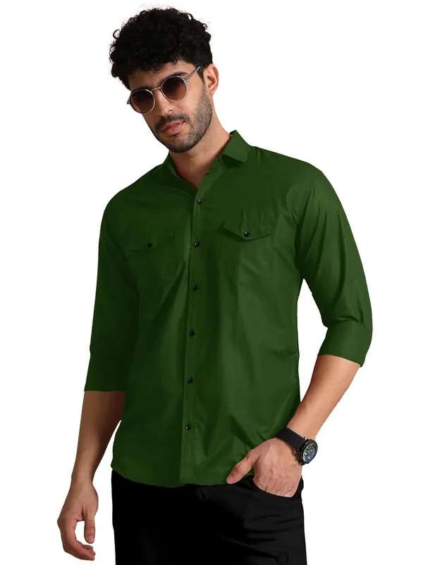 Rebelify_Men's_Classic_Double_Pocket_Shirt_|_Stylish_&_Versatile_Shirt_|_Soft_Cotton_Blend_|_Perfect_for_Casual_&_Formal_Occasions_Bottle_Green