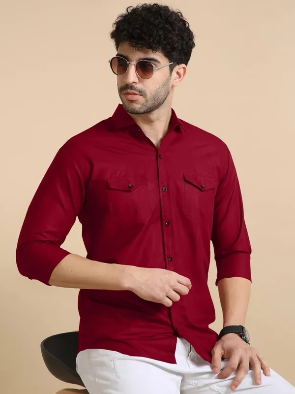 Rebelify_Men's_Classic_Double_Pocket_Shirt_|_Stylish_&_Versatile_Shirt_|_Soft_Cotton_Blend_|_Perfect_for_Casual_&_Formal_Occasions_Maroon