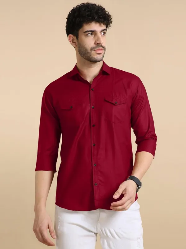 Rebelify_Men's_Classic_Double_Pocket_Shirt_|_Stylish_&_Versatile_Shirt_|_Soft_Cotton_Blend_|_Perfect_for_Casual_&_Formal_Occasions_Maroon