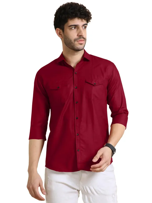 Rebelify_Men's_Classic_Double_Pocket_Shirt_|_Stylish_&_Versatile_Shirt_|_Soft_Cotton_Blend_|_Perfect_for_Casual_&_Formal_Occasions_Maroon