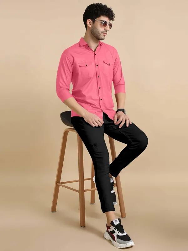 Rebelify_Men's_Classic_Double_Pocket_Shirt_|_Stylish_&_Versatile_Shirt_|_Soft_Cotton_Blend_|_Perfect_for_Casual_&_Formal_Occasions_Pink