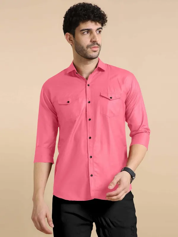 Rebelify_Men's_Classic_Double_Pocket_Shirt_|_Stylish_&_Versatile_Shirt_|_Soft_Cotton_Blend_|_Perfect_for_Casual_&_Formal_Occasions_Pink