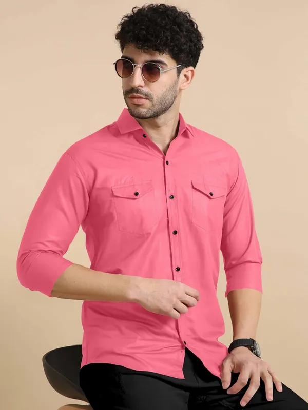 Rebelify_Men's_Classic_Double_Pocket_Shirt_|_Stylish_&_Versatile_Shirt_|_Soft_Cotton_Blend_|_Perfect_for_Casual_&_Formal_Occasions_Pink