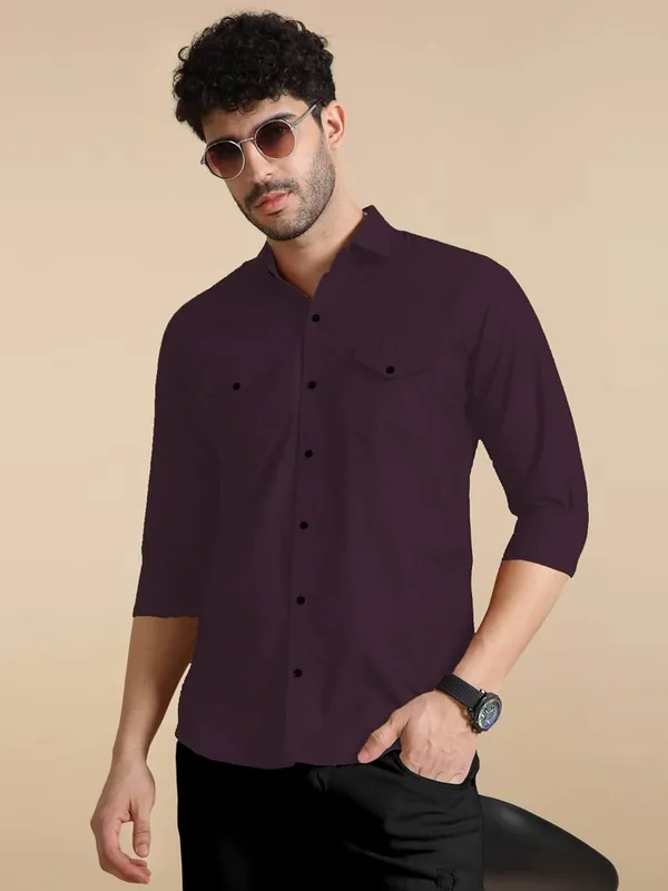 Rebelify_Men's_Classic_Double_Pocket_Shirt_|_Stylish_&_Versatile_Shirt_|_Soft_Cotton_Blend_|_Perfect_for_Casual_&_Formal_Occasions_Purple