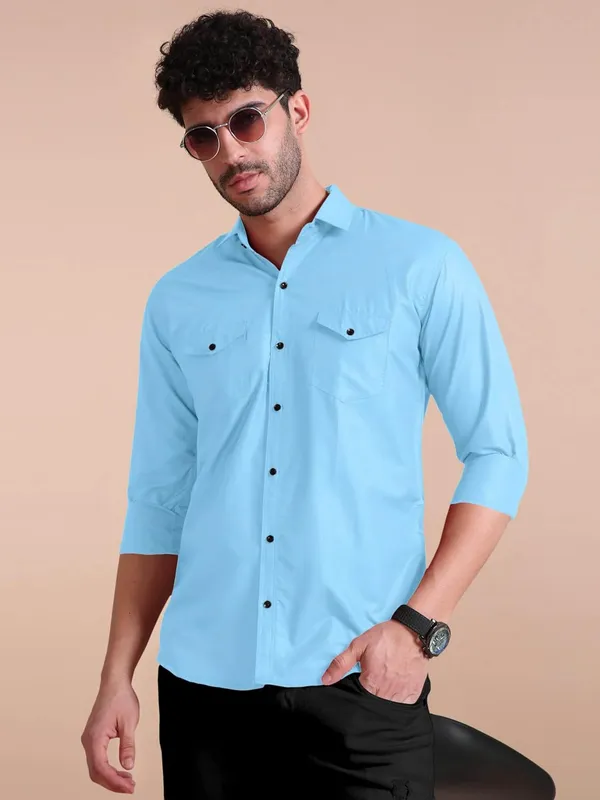 Rebelify_Men's_Cotton_Blend_Shirt_with_Pockets_Full_Sleeves_Collared_Neck_Solid_Pattern_Botton_Down_Closure_Relaxed_Fit_and_Standard_Length_Sky_Blue