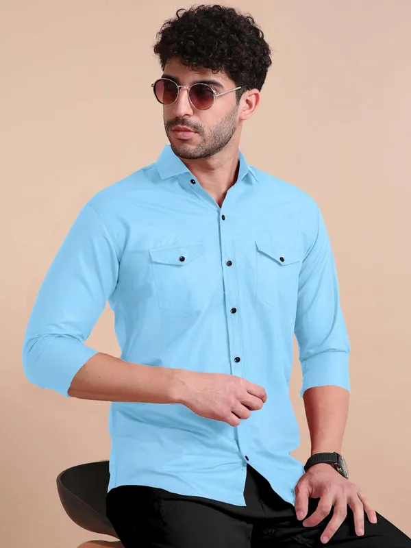 Rebelify_Men's_Cotton_Blend_Shirt_with_Pockets_Full_Sleeves_Collared_Neck_Solid_Pattern_Botton_Down_Closure_Relaxed_Fit_and_Standard_Length_Sky_Blue