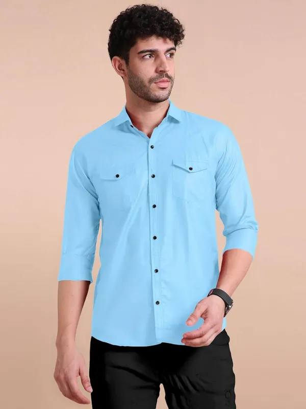 Rebelify_Men's_Cotton_Blend_Shirt_with_Pockets_Full_Sleeves_Collared_Neck_Solid_Pattern_Botton_Down_Closure_Relaxed_Fit_and_Standard_Length_Sky_Blue