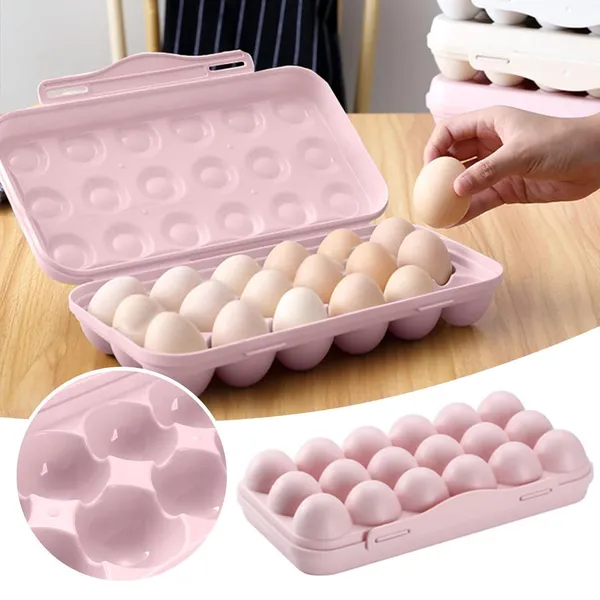 _Egg_Tray_18_Grid_Holder_For_Kitchen_Fridge/Freezer_-_Stackable_Plastic_Carrier_Case,_Double_Layer_Box_For_Home,_Hotel_-_Organizer_Container_(Pink)