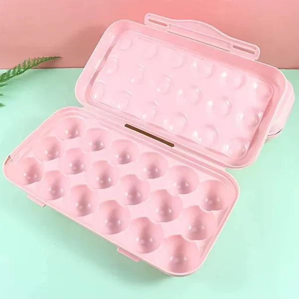 _Egg_Tray_18_Grid_Holder_For_Kitchen_Fridge/Freezer_-_Stackable_Plastic_Carrier_Case,_Double_Layer_Box_For_Home,_Hotel_-_Organizer_Container_(Pink)
