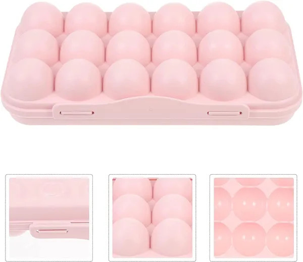 _Egg_Tray_18_Grid_Holder_For_Kitchen_Fridge/Freezer_-_Stackable_Plastic_Carrier_Case,_Double_Layer_Box_For_Home,_Hotel_-_Organizer_Container_(Pink)