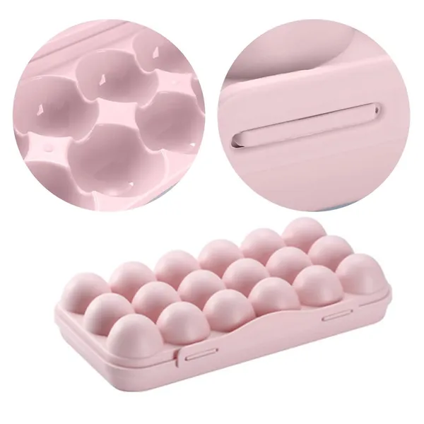 _Egg_Tray_18_Grid_Holder_For_Kitchen_Fridge/Freezer_-_Stackable_Plastic_Carrier_Case,_Double_Layer_Box_For_Home,_Hotel_-_Organizer_Container_(Pink)