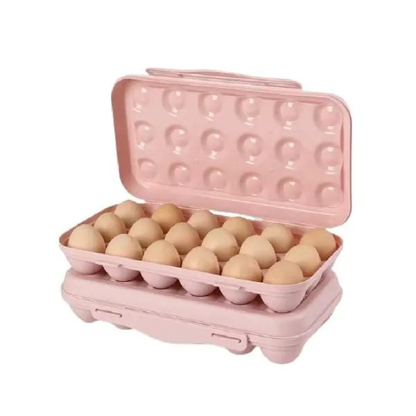 _Egg_Tray_18_Grid_Holder_For_Kitchen_Fridge/Freezer_-_Stackable_Plastic_Carrier_Case,_Double_Layer_Box_For_Home,_Hotel_-_Organizer_Container_(Pink)