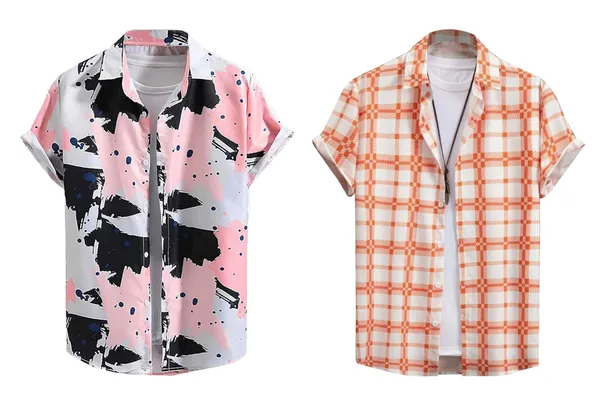 Rebelify_Men's_Lycra_Bland_Shirt_with_Half_Sleeves_Button_Down_Closure_Round_Collar_Neck_Printed_Pattern_Relaxed_Fit_and_Standard_Length_Pink,_Orange